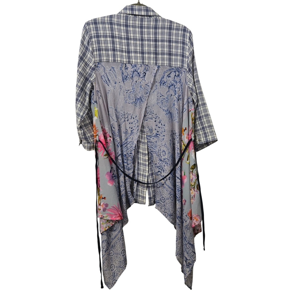 Mixed-Print Blue Floral & Plaid Tunic Shirt - Picture 14 of 16